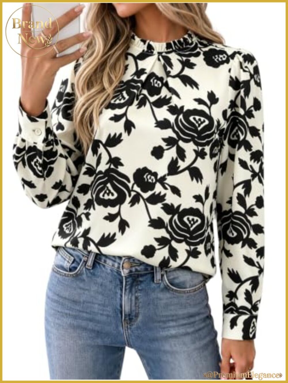 Ruffle Mock Neck Blouse Long Sleeve Chiffon Floral Women's Dressy Casual Top